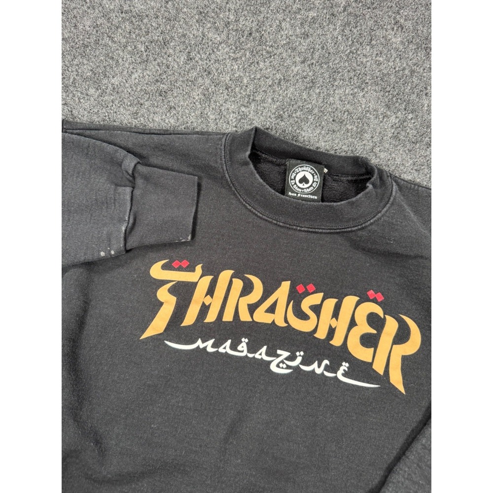 Thrasher Magazine Crewneck Sweatshirt Mens M Black Gold Arabic Logo Skate